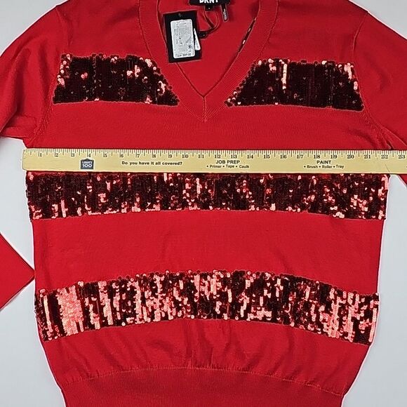 DKNY Red V Neck‎ Sequin Blouson Christmas Sweater NWT Large - Picture 5 of 9